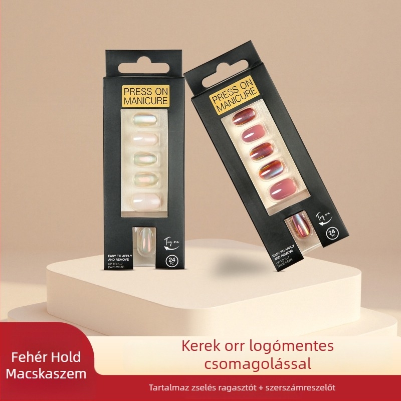 Jégátlátszó macskaszem hatású műköröm tippek, egyszínű, kerek vég, tükörfényes felület, prémium manikűr készlet