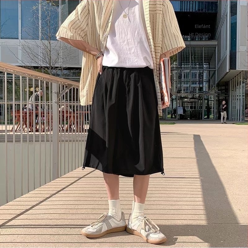 Férfiaknak készült széles, cropped szárú nadrág Ice Silk anyagból, japán stílus, nyár, hétköznapi viselet