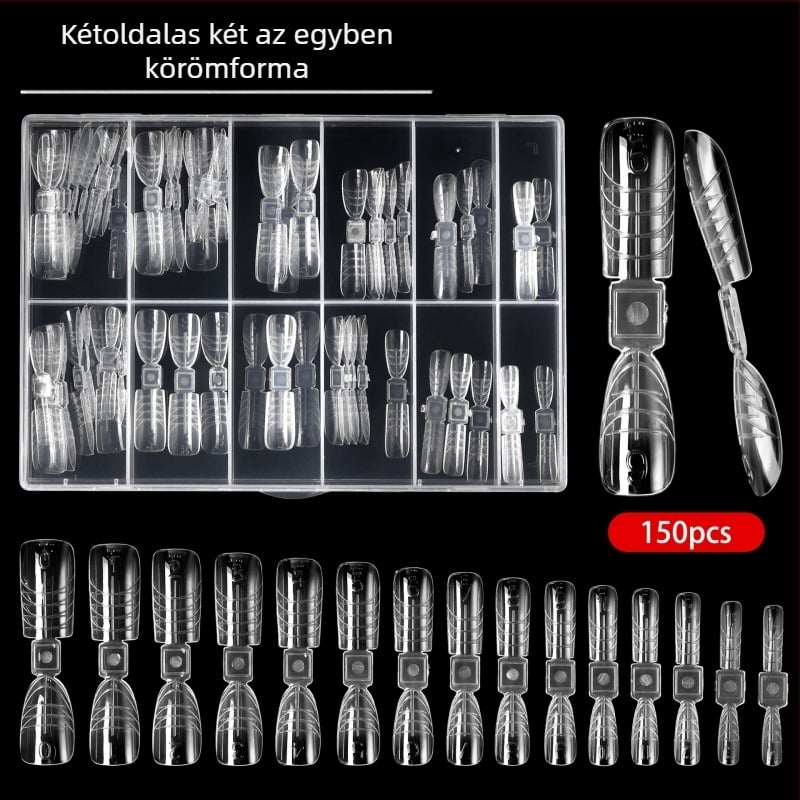 150 darab rövid körömhegykészlet, hordozható, reszelés nélkül, mérőskálával, 2 az 1-ben kristályos körömformák