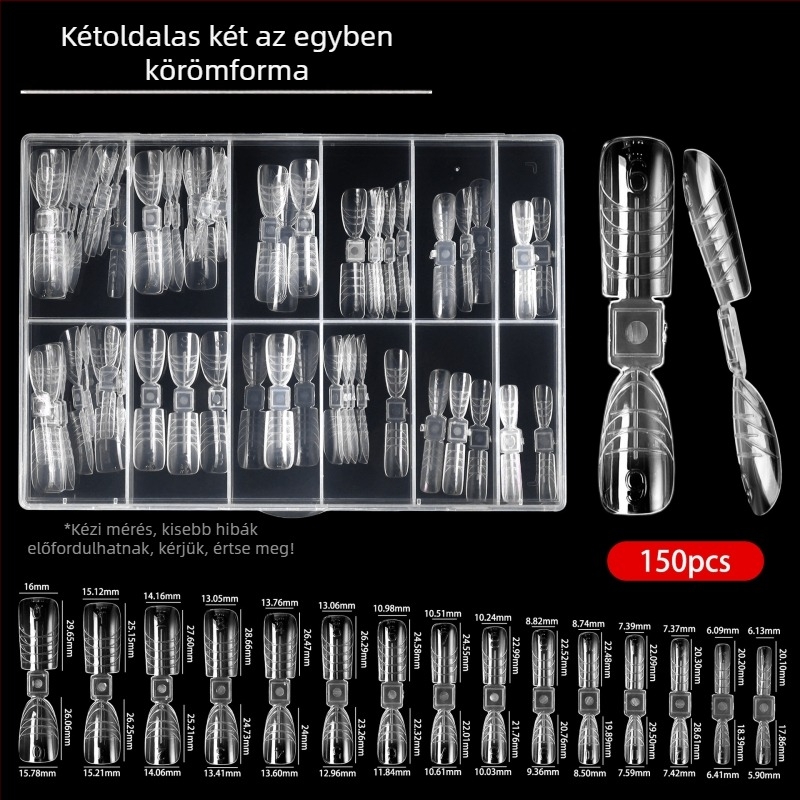 150 darab rövid körömhegykészlet, hordozható, reszelés nélkül, mérőskálával, 2 az 1-ben kristályos körömformák