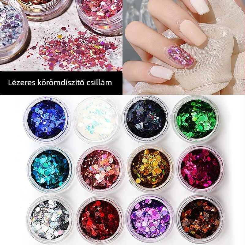 Lézeres körömdíszítő glitter, vegyes méretek és szabálytalan formák, 12 szín DIY sminkhez és manikűrhöz
