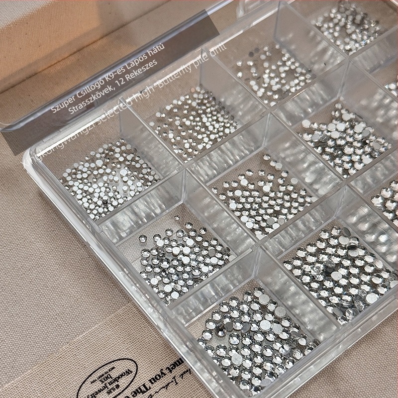 12 rekesz K9 lapos hátú strasszok, mini vegyes 3D kerek kövek, kiváló minőségű, sokoldalú körömdíszítés