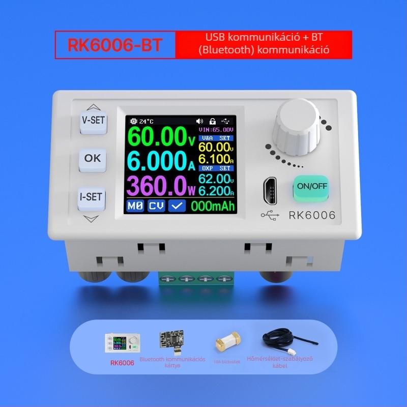 RK6006 digitális kijelzős állítható DC tápegység – panel modul, bemenet 24–48V, akkumulátor feszültség lépésenkénti csökkentése, széles feszültségtartomány, állandó áram