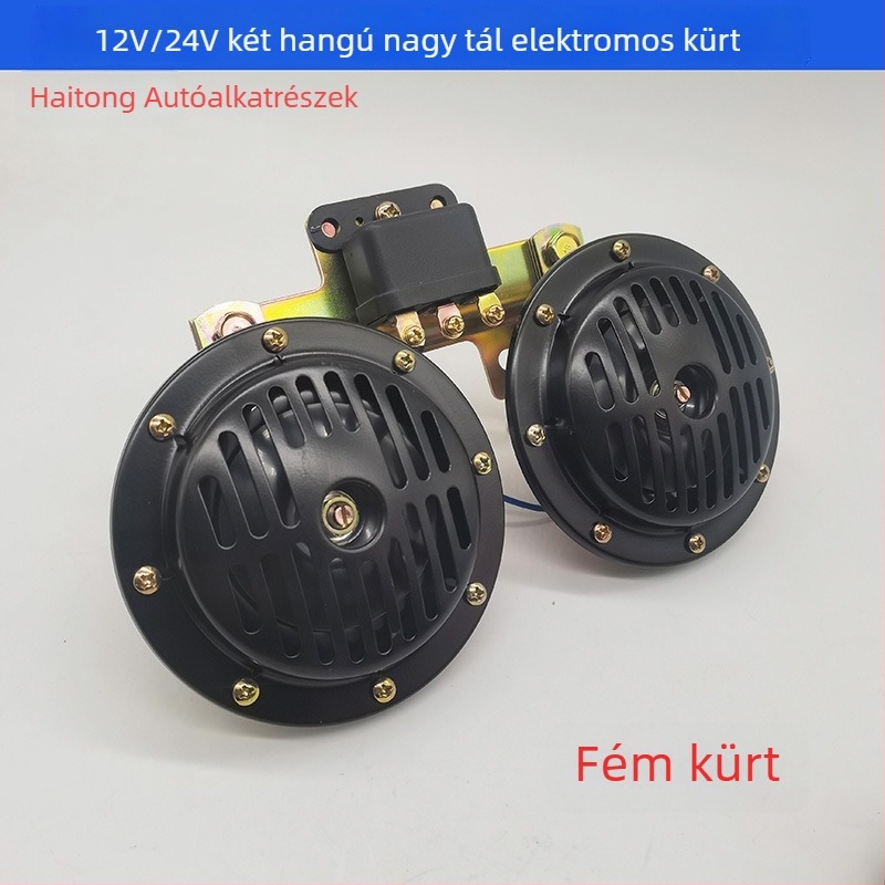 Autóba illő tál alakú kürt, kettős hang, 12V/24V, rögzítő kerettel, kompakt 40W