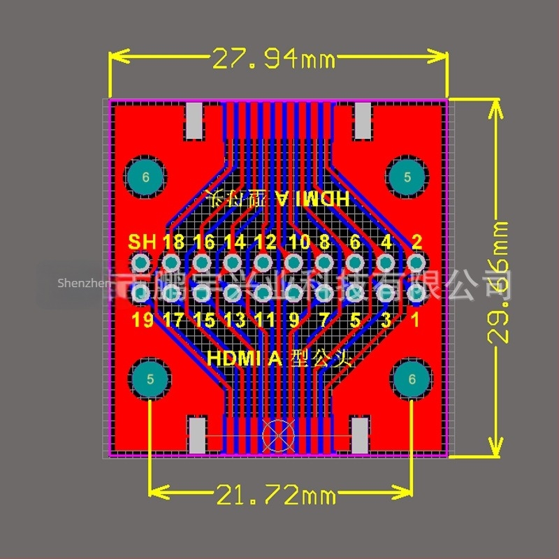 HDMI A tesztlemez PCB-adapterrel, férfi és női csatlakozókkal, forgó szerelő tartó