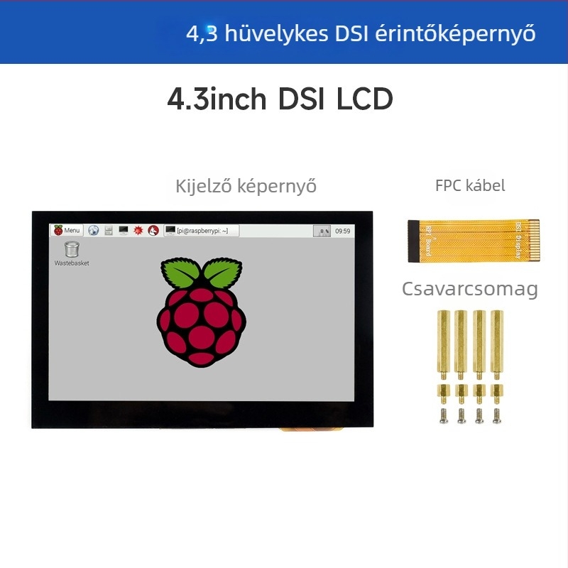 Raspberry Pi 4,3 hüvelykes kijelző kapacitív érintőképernyővel, MIPI DSI interfész, IPS panel, 3D nyomtatott tok