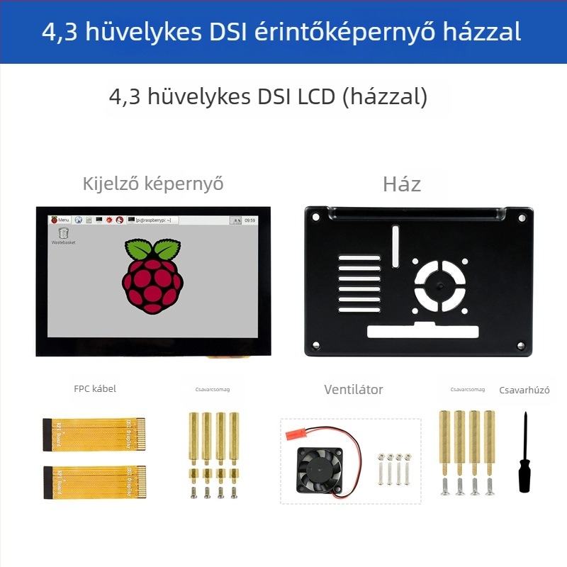 Raspberry Pi 4,3 hüvelykes kijelző kapacitív érintőképernyővel, MIPI DSI interfész, IPS panel, 3D nyomtatott tok