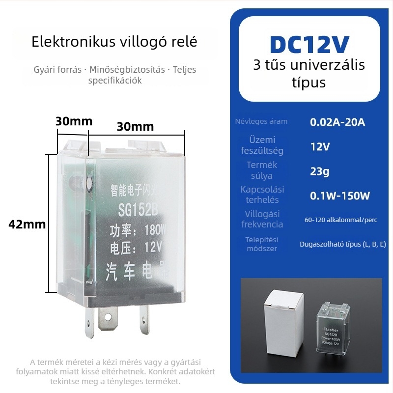 Weisong autóelektronikai villanó relé, DC12V-24V, univerzális 3-tűs, rövidzárlat elleni védelem