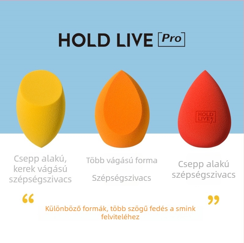 HOLD LIVE Szépségtojás Szett – Rendkívül puha, pormegkímélő, száraz és nedves használathoz, ferde, csepp alakú alapozó szivacs, 3 darab