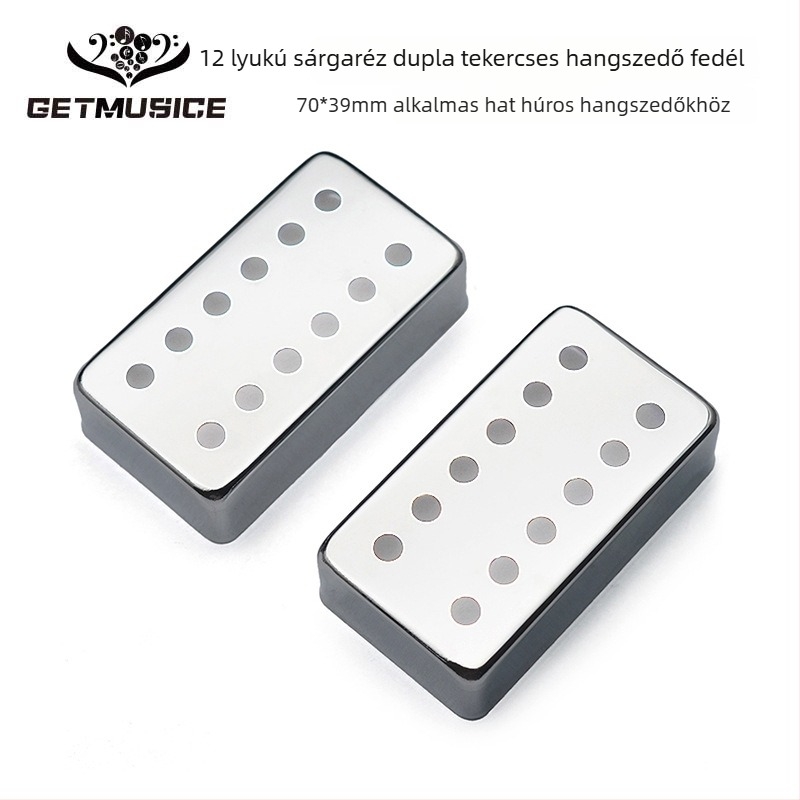 LP elektromos gitár pickup fedél, 12 lyukas, sárgaréz burkolat, ezüst színű, méretek 70×39 mm