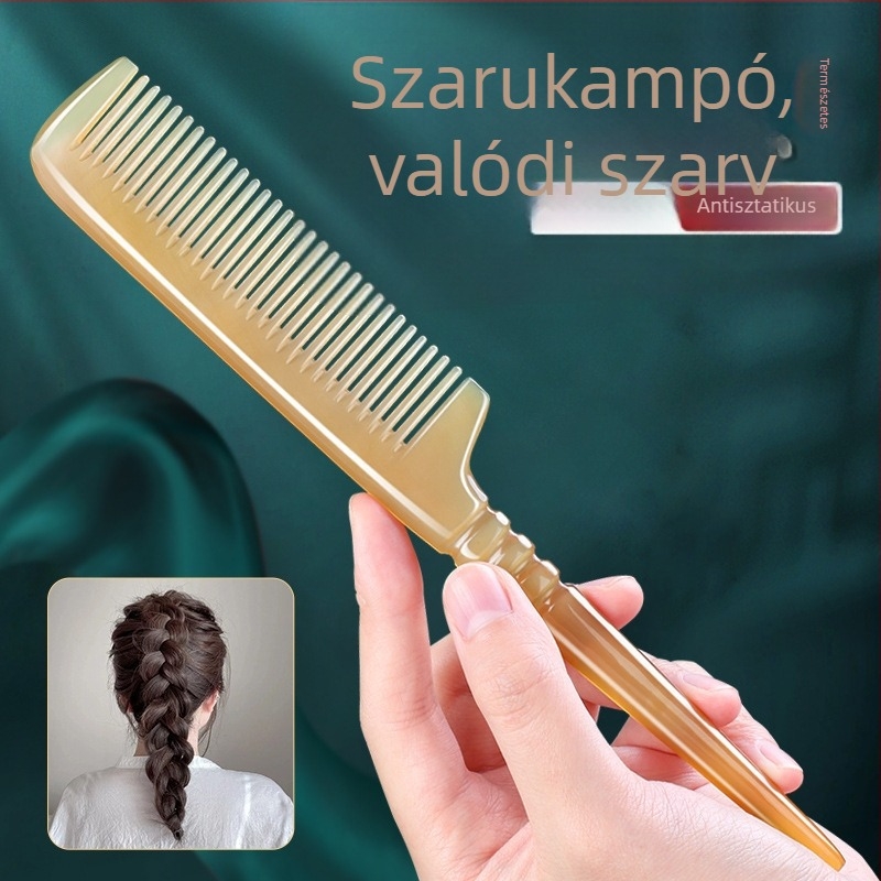 Természetes fehér vízibivaly szarvából készült fésű, finom fogú, hegyes végű, hosszú hajhoz, hajformázáshoz