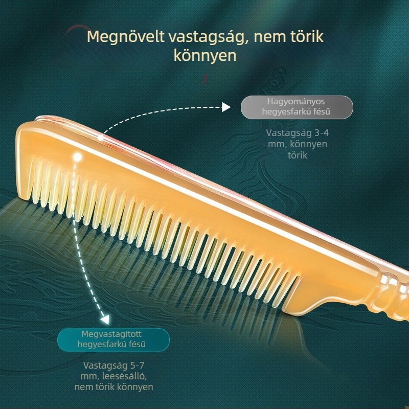 Természetes fehér vízibivaly szarvából készült fésű, finom fogú, hegyes végű, hosszú hajhoz, hajformázáshoz