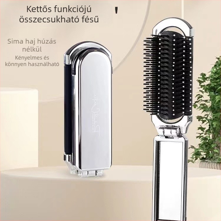Összecsukható hordozható sminktükörrel és masszírozó fogakkal ellátott fésű nőknek, frufruhoz, kompakt utazó eszköz