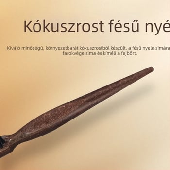 Kókuszdióhéjból készült hajkefésű sertésszőrrel, keskeny fogak, kétszintű kifésülés, hosszú nyél, hegyes vége