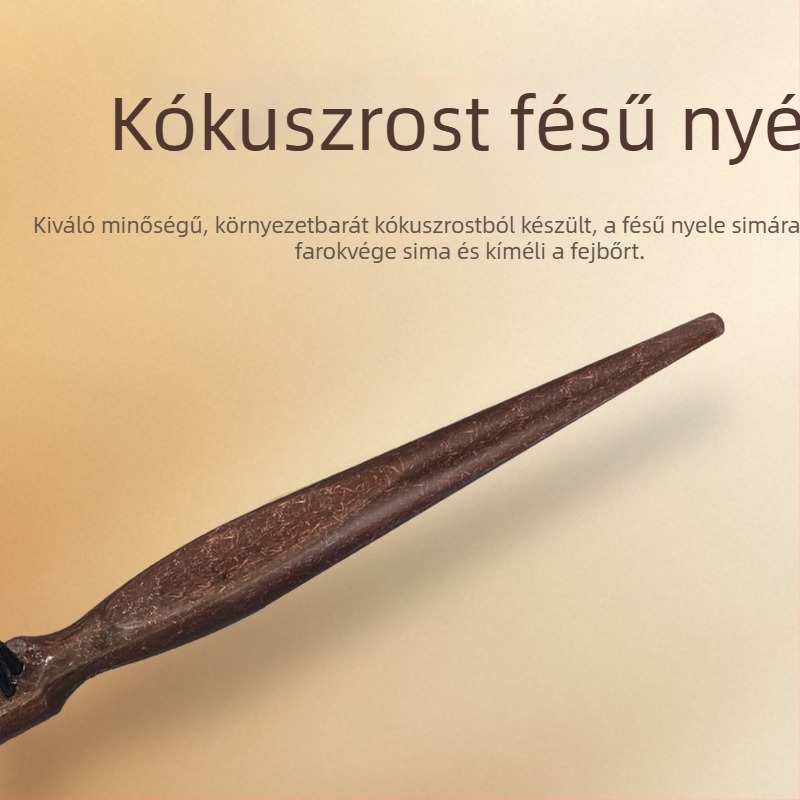 Kókuszdióhéjból készült hajkefésű sertésszőrrel, keskeny fogak, kétszintű kifésülés, hosszú nyél, hegyes vége