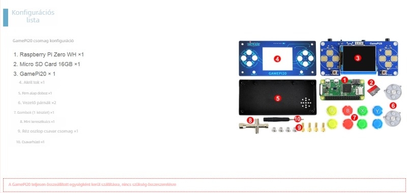 Raspberry Pi Zero WH hordozható játékkonzol 2 hüvelykes kijelzővel, beépített hangszóróval, fejhallgató-csatlakozóval és újratölthető akkumulátorral