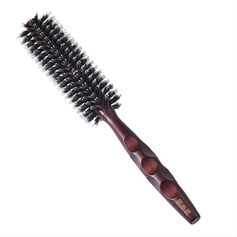15-20 cm hosszú tömörfa hengeres hajfésű göndörítéshez és formázáshoz, sertésszőrös és nylon sörtékkel