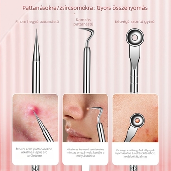 Rozsdamentes acélból készült mitesszer-eltávolító készlet: aknecsipeszek és akné tűk