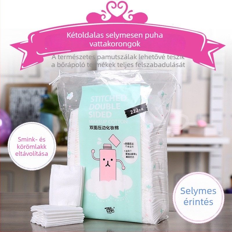 Kiváló minőségű 100% pamut sminklemosó vattakorongok, kétoldalas peremmel préselt, vastított, 222 darab, szálmentes