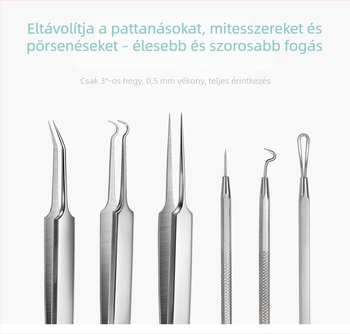 Kétfejű rozsdamentes acnéeszközkészlet, 6 darab, tartalmaz akne tűket, mitesszer-kinyomót és csipesszt.