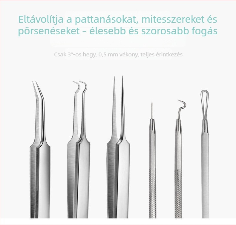 Kétfejű rozsdamentes acnéeszközkészlet, 6 darab, tartalmaz akne tűket, mitesszer-kinyomót és csipesszt.