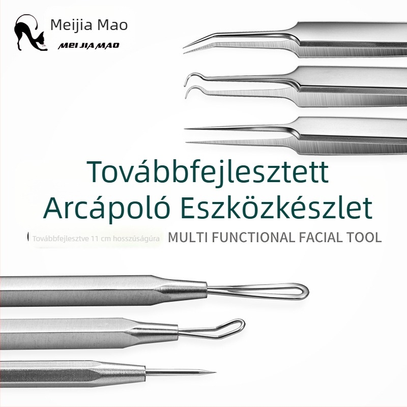 Kétfejű rozsdamentes acnéeszközkészlet, 6 darab, tartalmaz akne tűket, mitesszer-kinyomót és csipesszt.