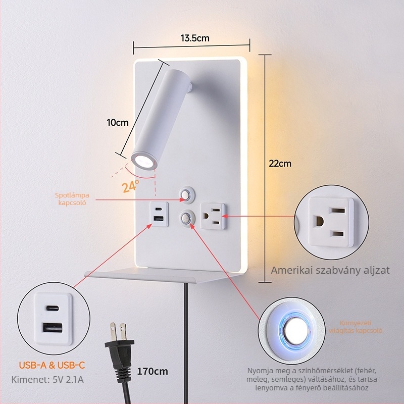 LED olvasó falikar hálószoba és nappali részére, falra szerelve, modern minimalista stílus, kiváló hangulatú világítás