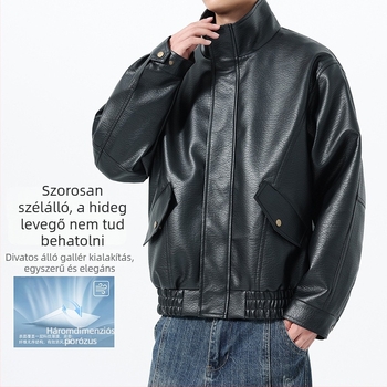 Férfi PU bőrdzseki galléros, 2026 tavasz — lezser stílus, casual, szélálló, cipzáros, kapucni nélküli, lazán szabott