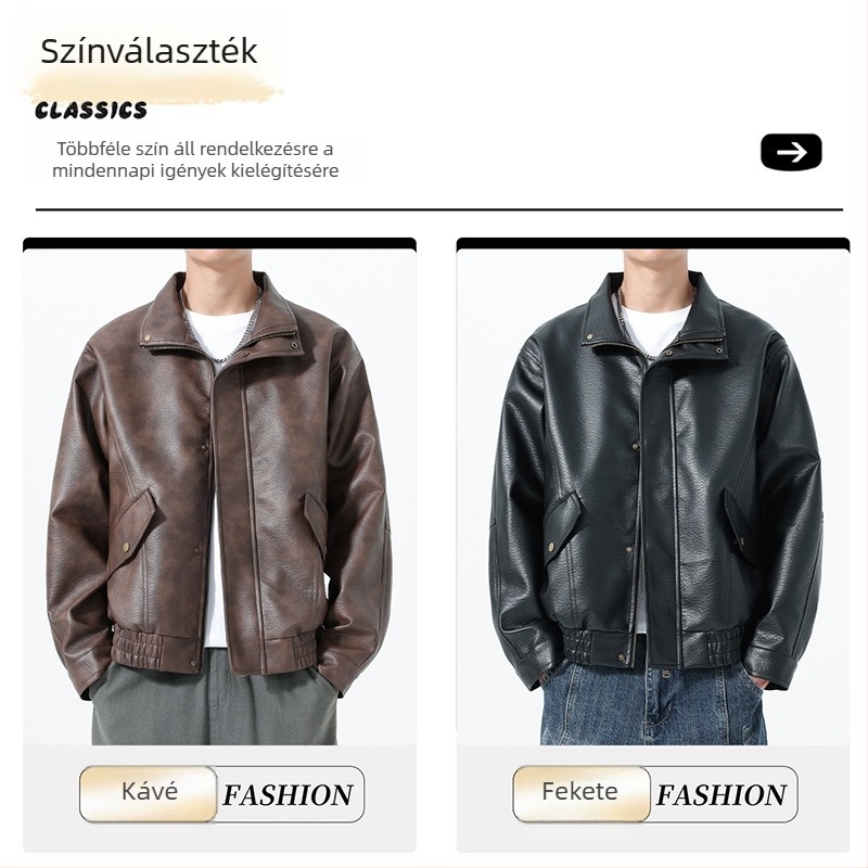 Férfi PU bőrdzseki galléros, 2026 tavasz — lezser stílus, casual, szélálló, cipzáros, kapucni nélküli, lazán szabott