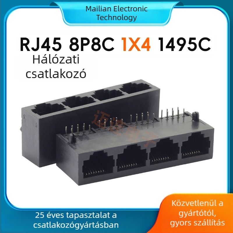 RJ45 hálózati csatlakozó, 8P8C, 1×4 port, négypólus vízszintes női csatlakozó
