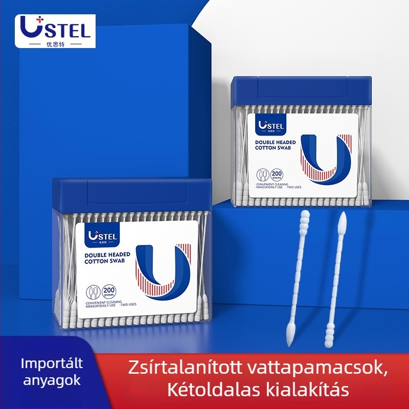 USTEL dupla fejű vattapálcikák, egyszer használatos kozmetikai pálcikák a sminkeléshez és fültisztításhoz, kör- és spirál fej