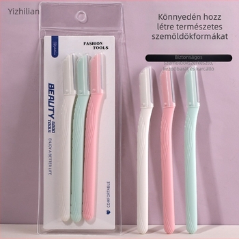 3 részes szemöldökápoló készlet egyenes nyéllel és védőhálóval, szemöldök-trimmelő és borotva