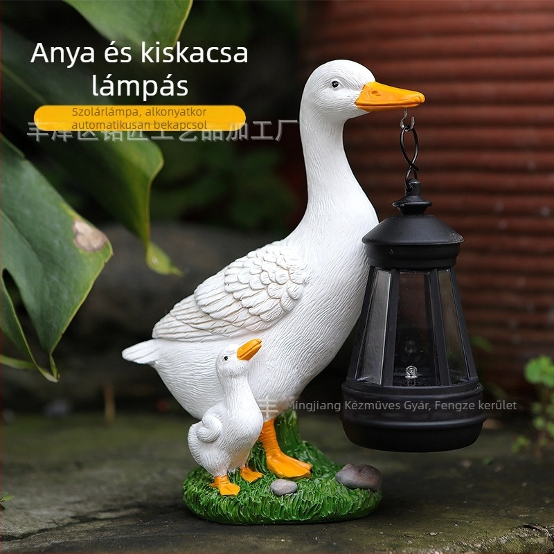 Napenergiás kültéri kertdekoráció – kacsa alakú dísztárgy gyantából, világító, bucolikus stílusban