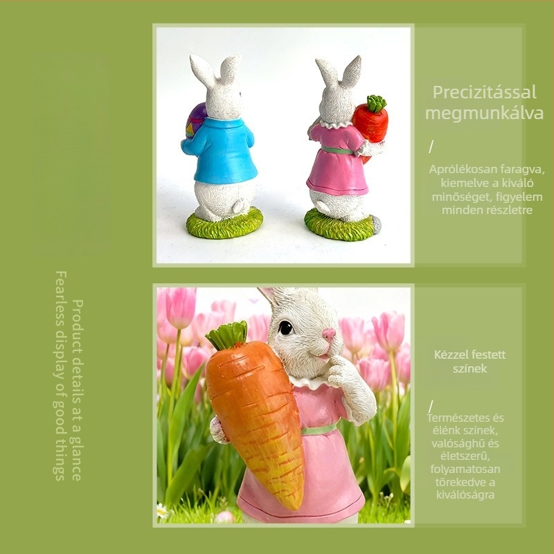 Pastorális nyúl gyanta-szobor, kertdekoráció húsvétra