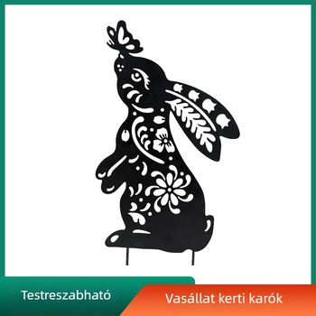 Metal kerti tábla talpazatban ülő nyúl sziluettjével, kültéri vízálló vasművészeti alkotás, színváltoztatható felület