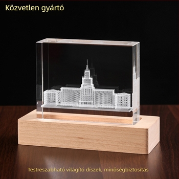 Kristály dísz lézeres 3D belső gravírozással, megvilágított fa talppal, fénykép portré modell – emlék ajándék
