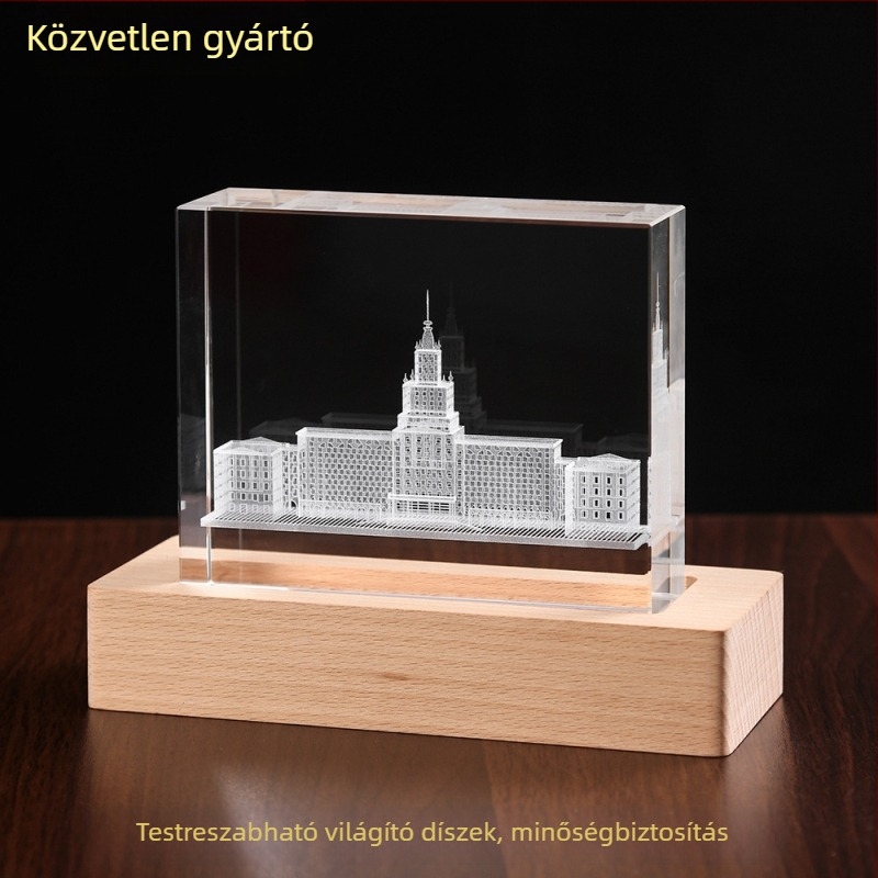 Kristály dísz lézeres 3D belső gravírozással, megvilágított fa talppal, fénykép portré modell – emlék ajándék