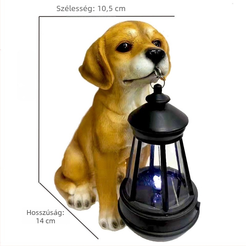 Műgyanta kiskutya lámpával, napelemes kültéri kertdísz.