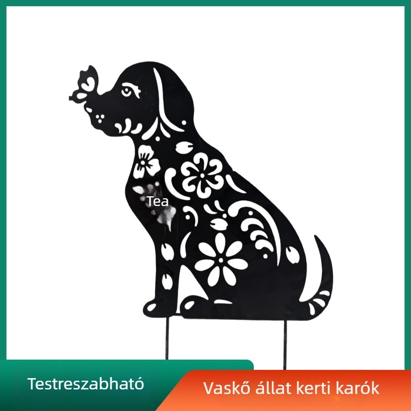 Kutyas sziluettjéből készült fém dekorfigura kültéri kerthez, lyukasztott dizájn, színváltoztatható felülettel