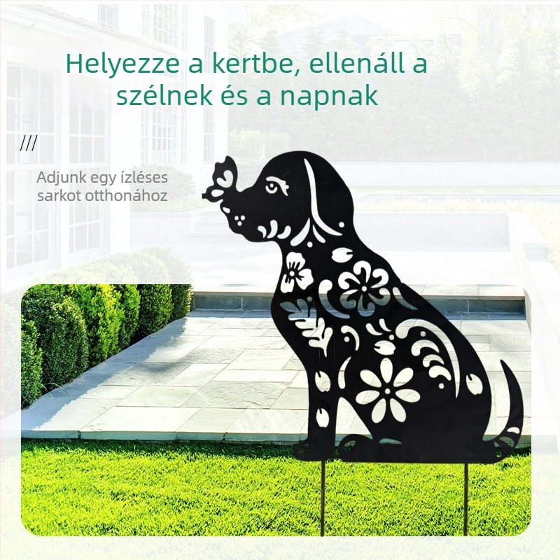 Kutyas sziluettjéből készült fém dekorfigura kültéri kerthez, lyukasztott dizájn, színváltoztatható felülettel