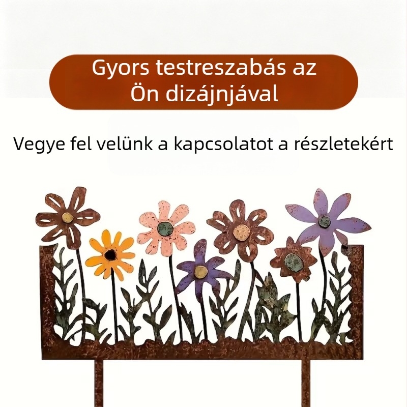 Rozsdaszínű vas kerti dísz virágokkal és fűvel, európai–amerikai stílusú, friss vidéki dekoráció