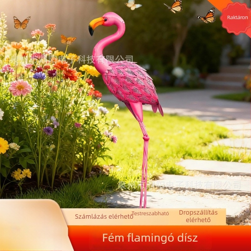 Imitált fém flamingó díszfigura kültéri kertekhez és udvarokhoz, vasból készült művészi dekoráció esküvőkhöz és rendezvényfotózáshoz