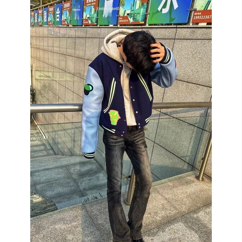 Amerikai stílusú patchwork baseball kabát hímzéssel, hétköznapi férfi kabát streetwear