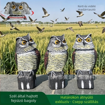 Kreatív élethű bagoly díszfigura 360°-os fejmozgással, szél által hajtva, kültéri kerthez – madár- és rágcsálóriasztó