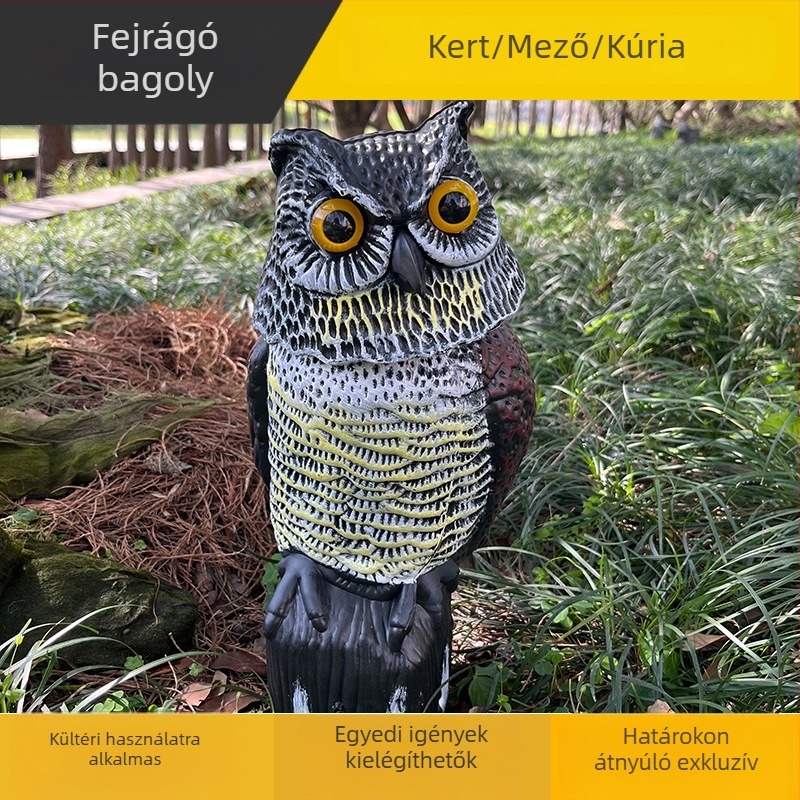 Kreatív élethű bagoly díszfigura 360°-os fejmozgással, szél által hajtva, kültéri kerthez – madár- és rágcsálóriasztó