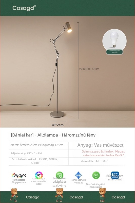 Vintage Bauhaus állólámpa karos, állítható szemvédő, hálószoba és dolgozószoba olvasáshoz