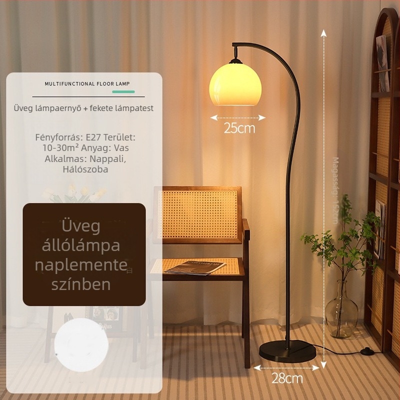 Vintage S-alakú földlámpa, alkonyati sárga üveggel, LED, modern minimalist stílus, nappalira vagy hálószobába