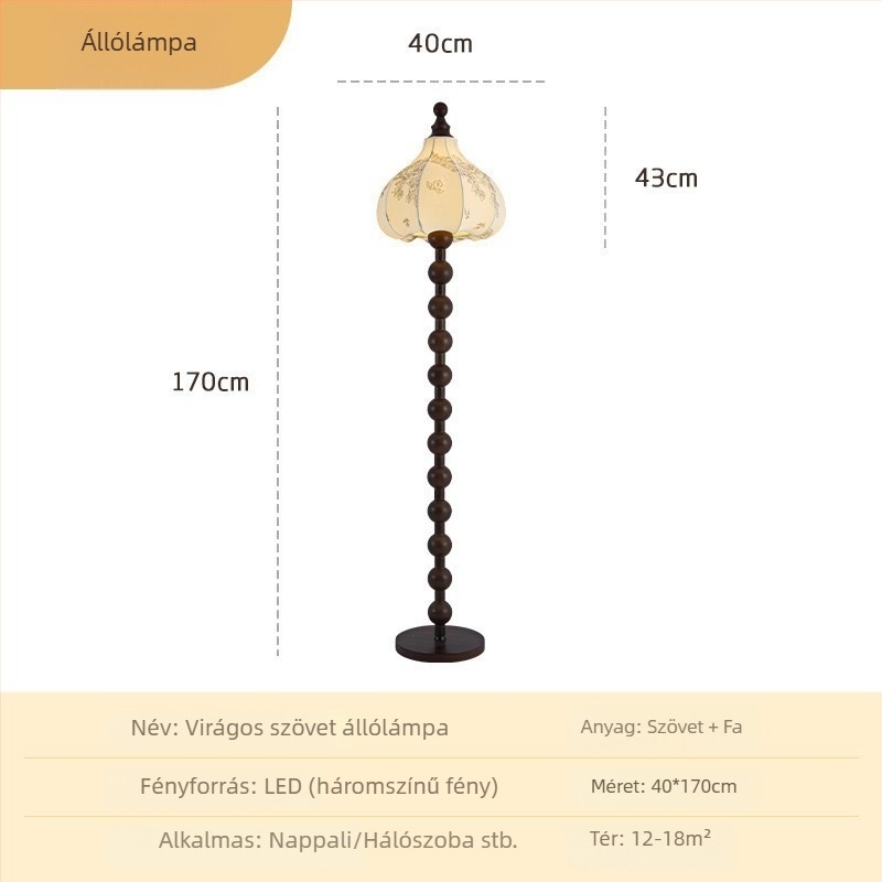 Francia retro állólámpa japán wabi-sabi hatással, textil árnyékoló, dióbarna felülettel, új kínai stílusú hálószoba dekor lámpa