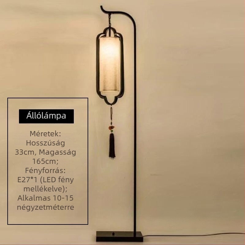 Új kínai stílusú állólámpa vas testtel, LED-del, textil árnyékolóval, állítható magasság