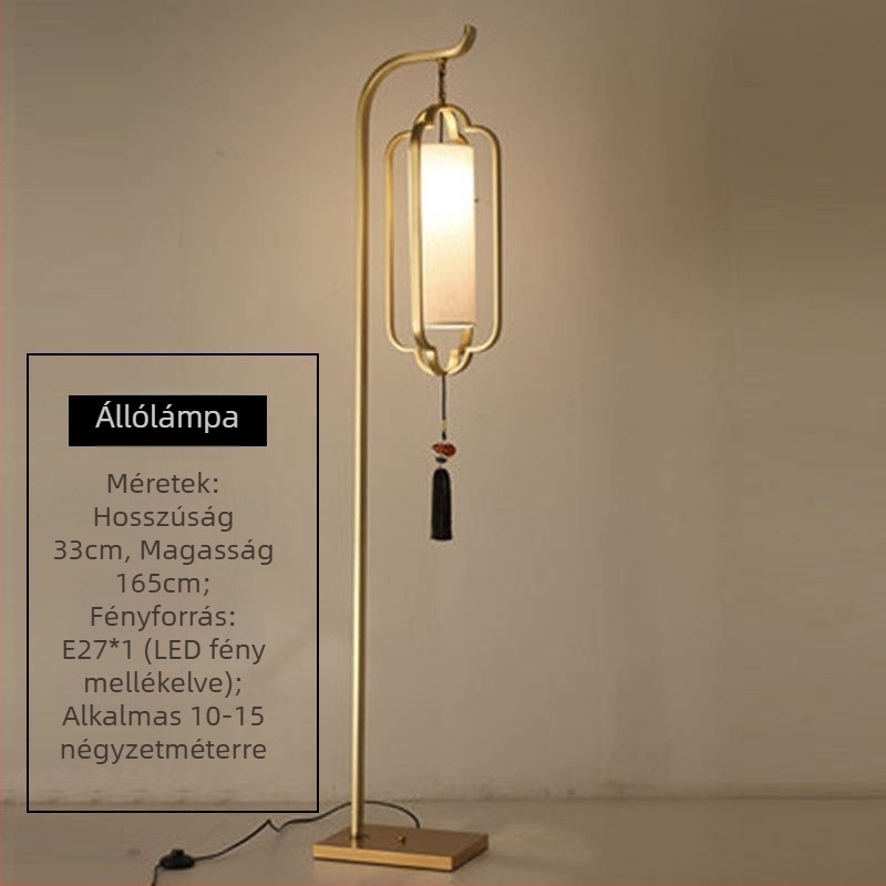 Új kínai stílusú állólámpa vas testtel, LED-del, textil árnyékolóval, állítható magasság